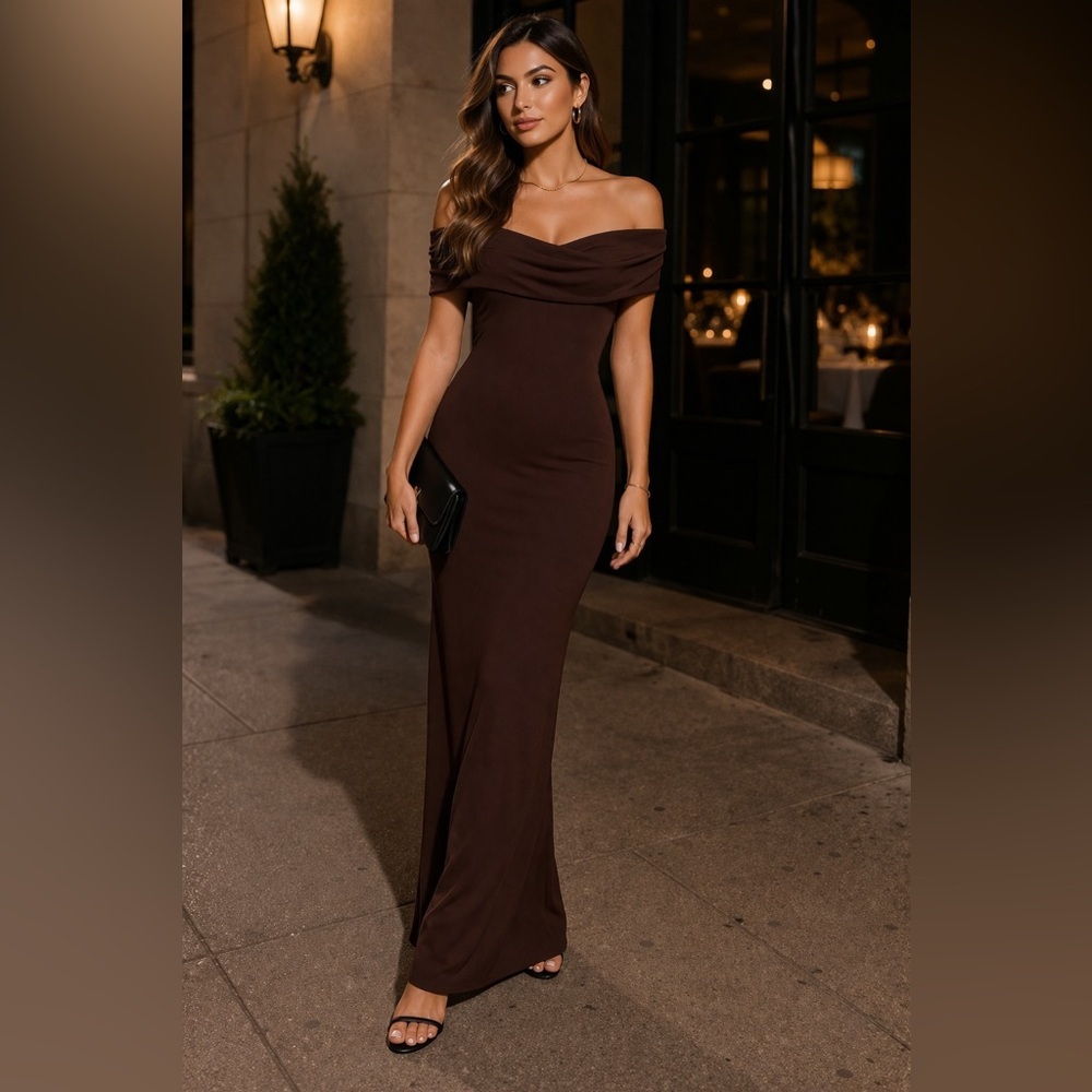 All The Ways NWT Chocolate Brown Off Shoulder Maxi spring wedding guest dress